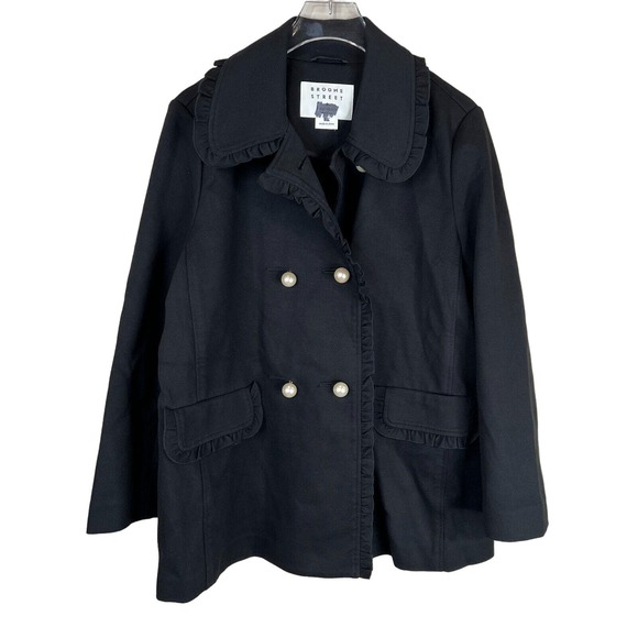 Kate Spade Broome Street Coat Jacket Women's 4 Black Ponte Ruffled Pearl Buttons - Picture 1 of 12